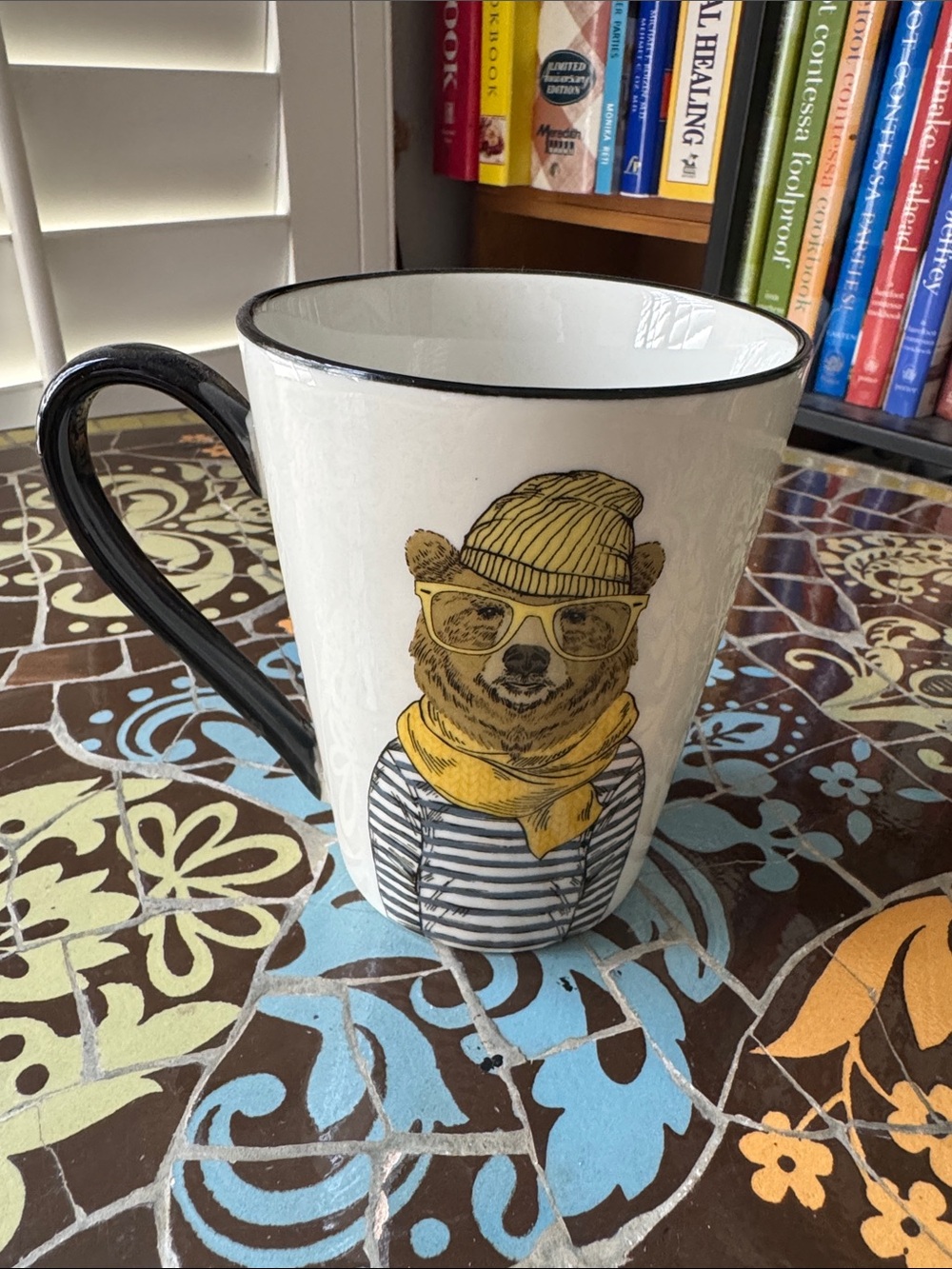 Signature Cream Ceramic Mug with Yellow Bear Illustration and Black Handle